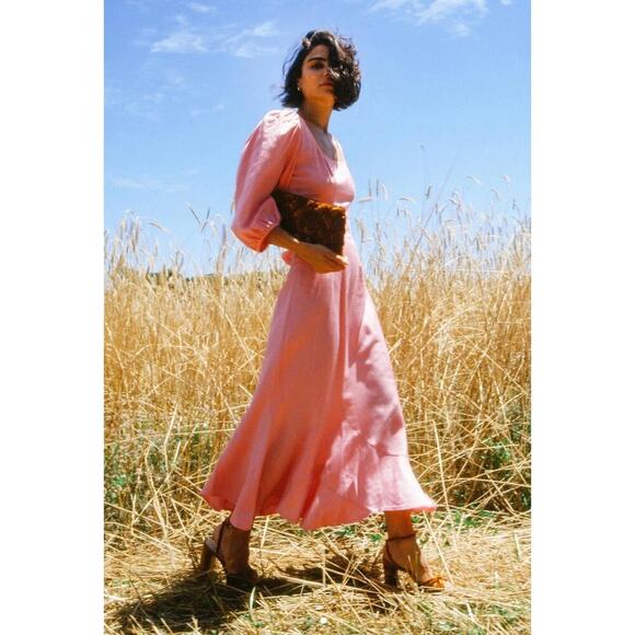 Loeffler Randall Carmina Bubblegum Pink Curve Puff Sleeve Midi Maxi Dress NEW - Picture 6 of 10